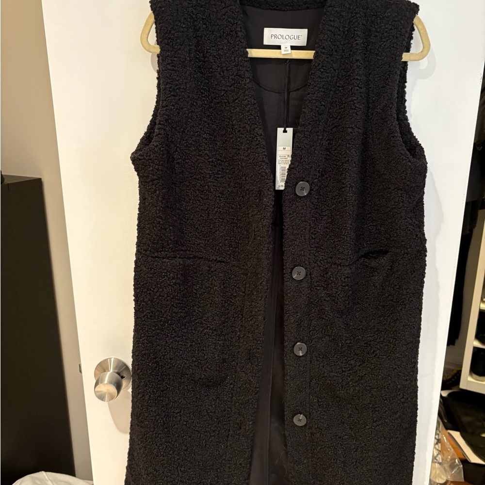 Prologue Faux Fur Textured Black Buttoned Long Vest/Duster
